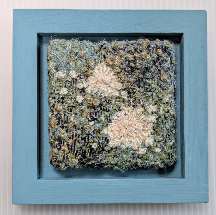 Green Blue Coastal Textile Art in Teal painted 5" wooden frame.