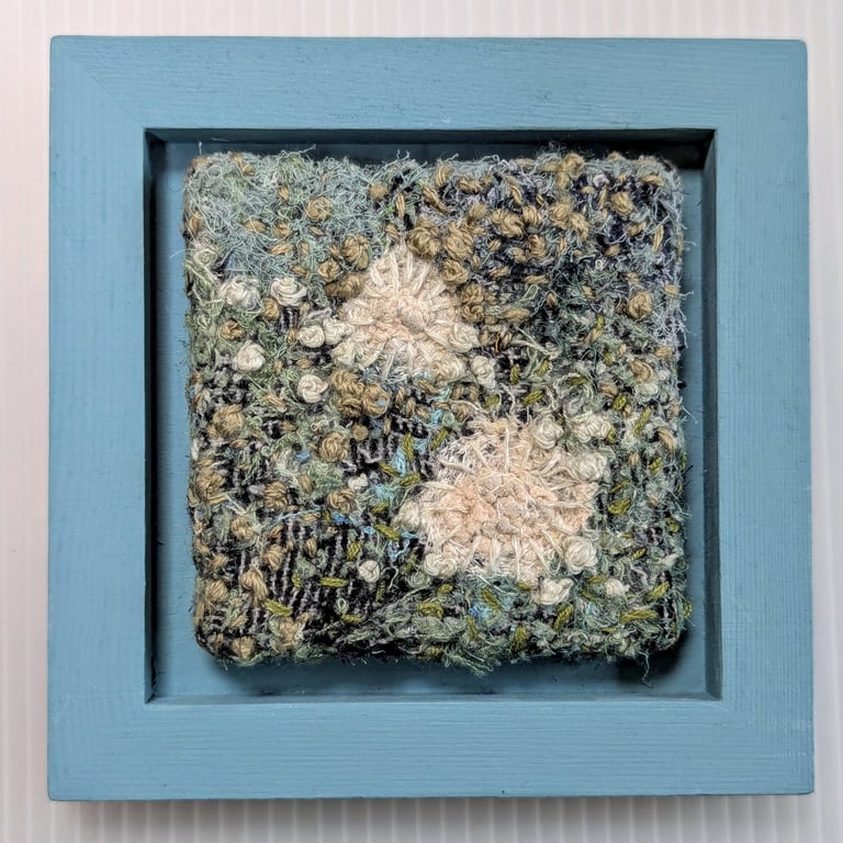 Green Blue Coastal Textile Art in Teal painted 5" wooden frame.