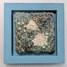 Green Blue Coastal Textile Art in Teal painted 5" wooden frame.
