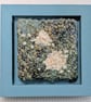 Green Blue Coastal Textile Art in Teal painted 5" wooden frame.