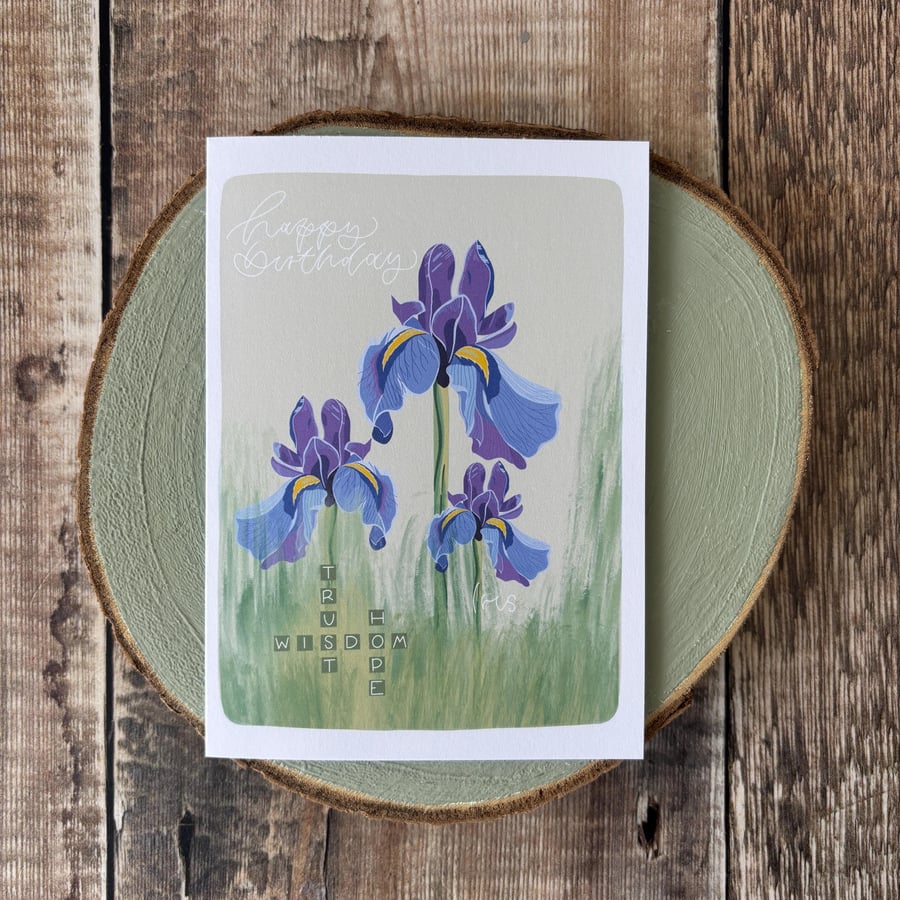 Iris Birthday Card: February Birth Flower, Nature, Hand Drawn