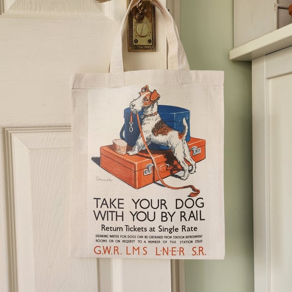 Wire Fox Terrier Dog Tote Bag, Vintage Train Travel Poster, Dog Lover Gift