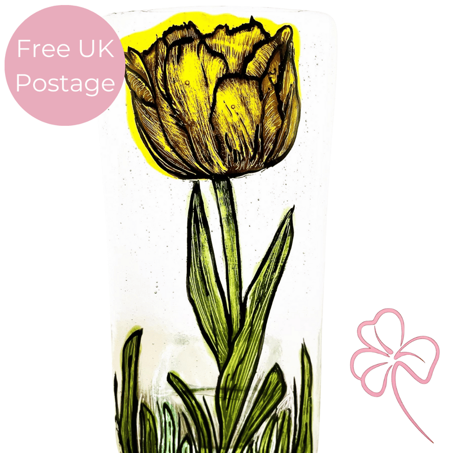 Handmade Fused Glass Tulip Candle Holder – Painted Floral Tealight Holder