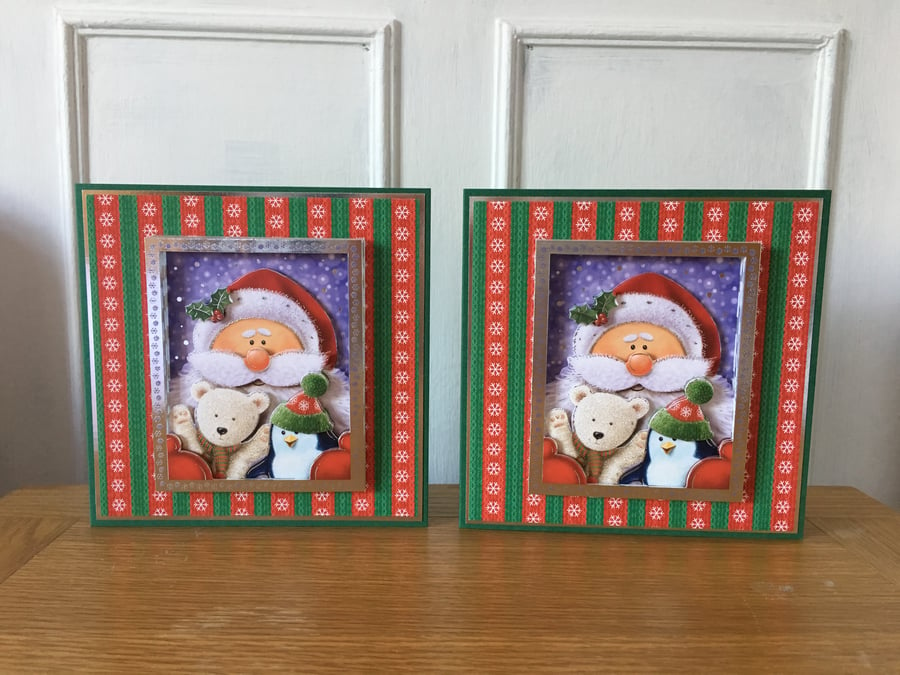 Set of 2 x 3D Santa & Friends Christmas Cards - Handmade - 6 x 6 inches