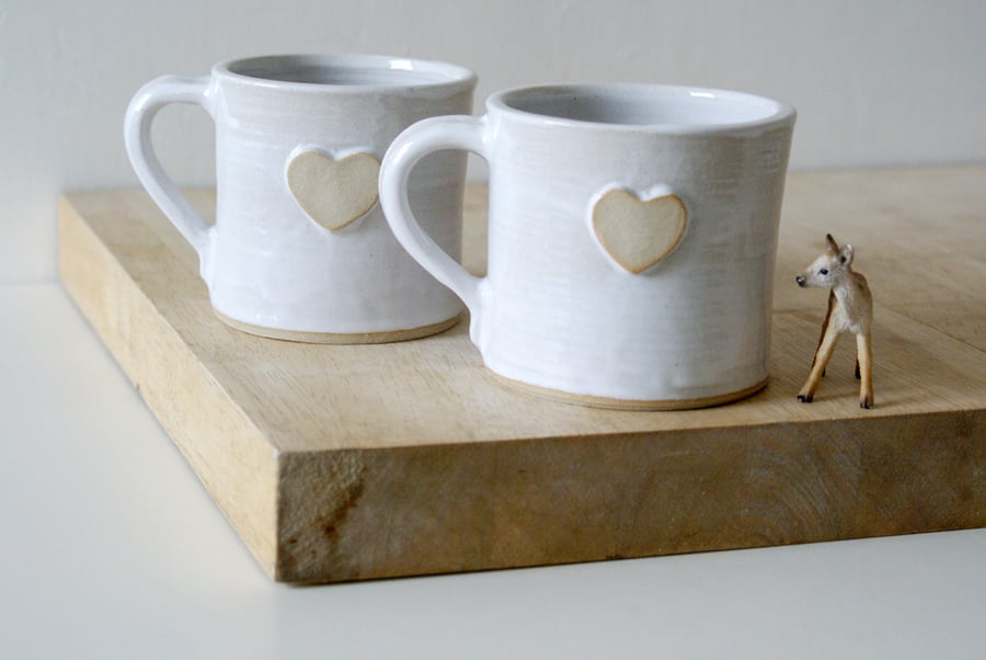 Slight seconds sale - Set of two heart mugs glazed in brilliant white
