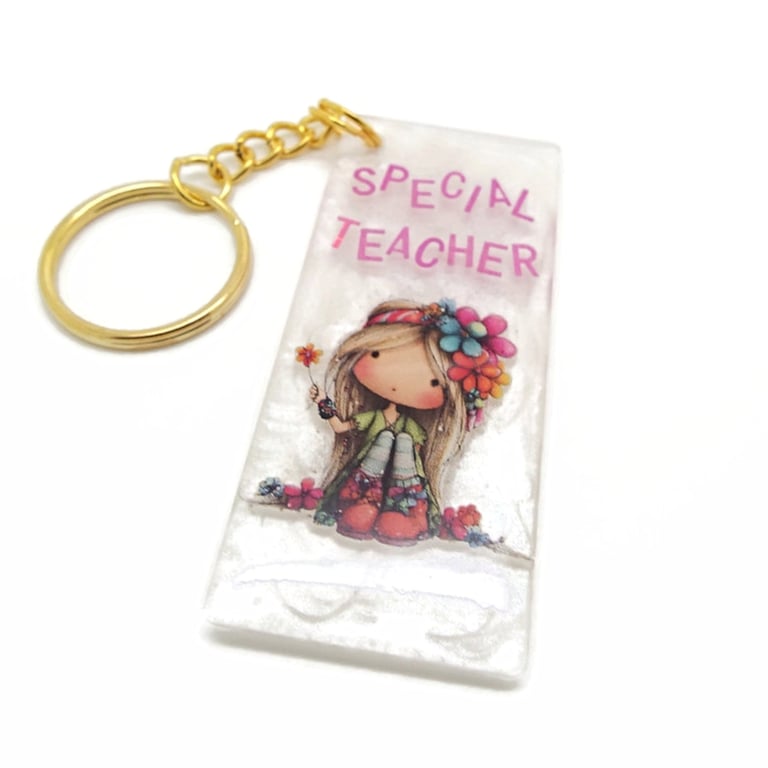 Gift for a Special Teacher, Appreciation Keyring with Girl and Flowers