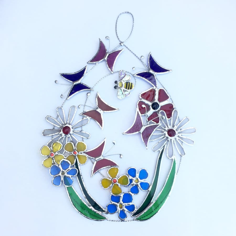 Stained Glass Flower Scene Suncatcher- Handmade Window Decoration 