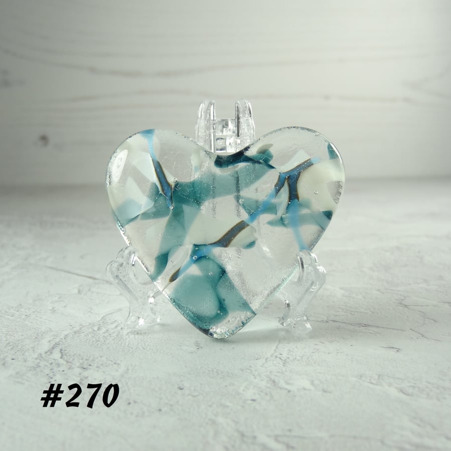 Green blue white heart fused glass pocket hug with stand 5x4.5cm (270)
