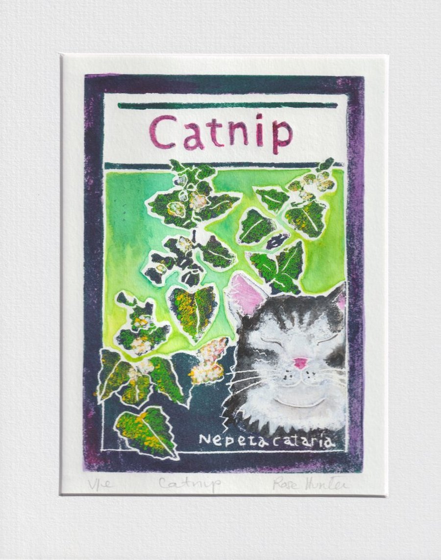 Catnip - original hand painted lino print 006