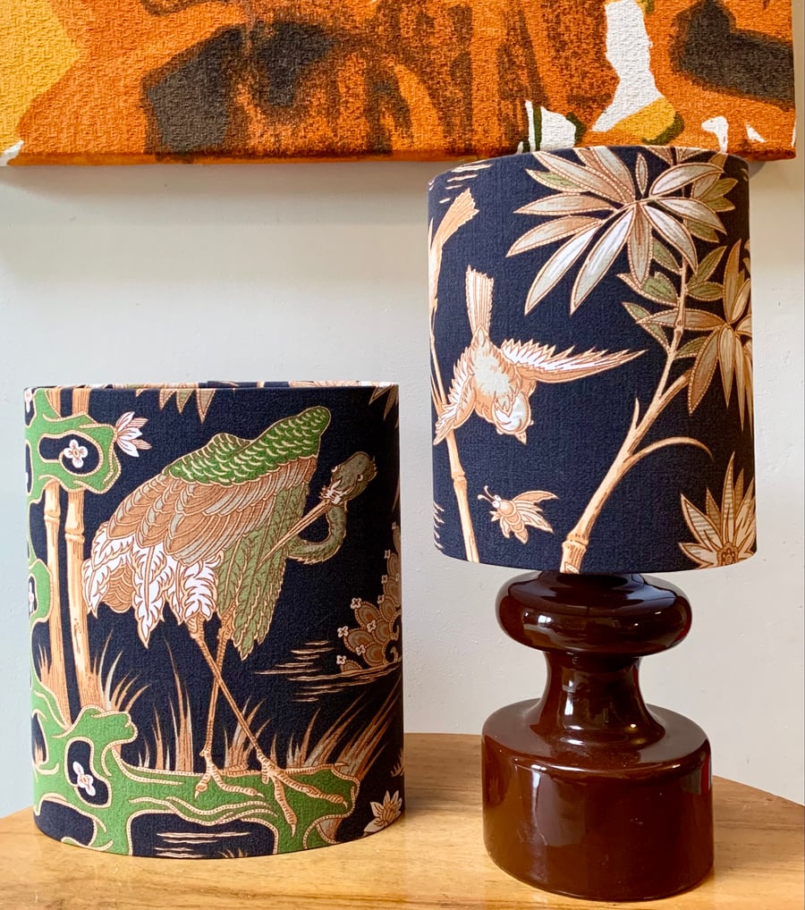 Black Oriental Crane BAMBOO GARDEN Sanderson Vintage Fabric  Lampshade 