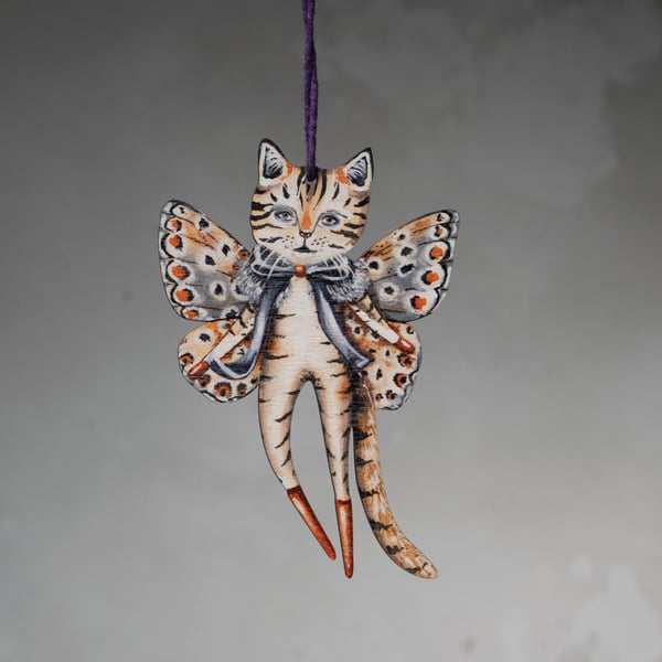 Wooden hanging decoration of a cat butterfly called Quincy- double sided