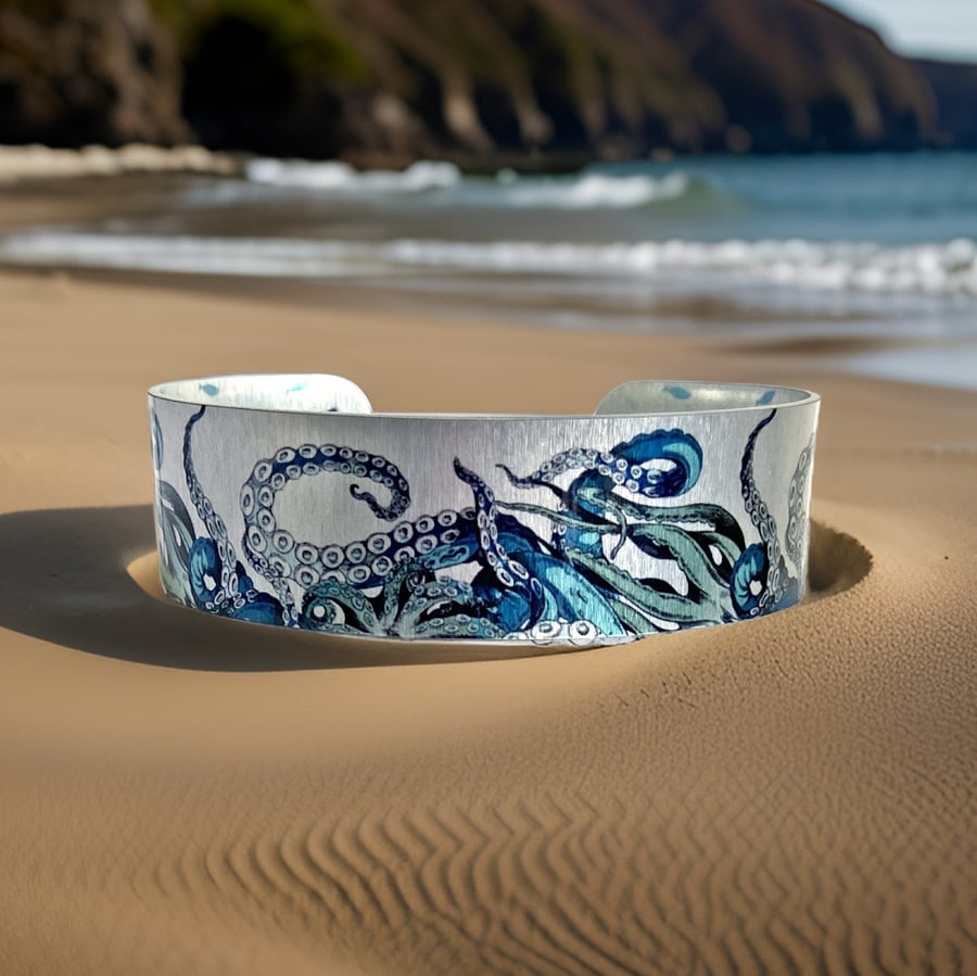 Octopus cuff bracelet, blue green tentacles, jewellery gifts. (757)             