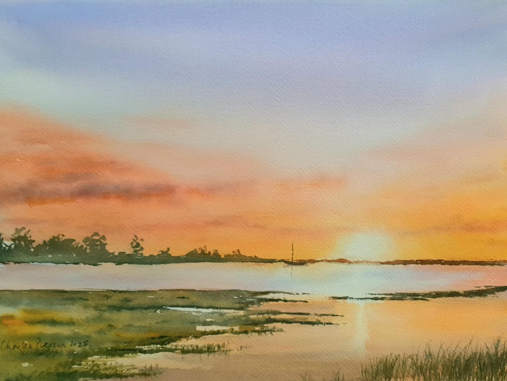 Original Watercolour Landscape .Warm Sunset . 15x11 inches, Unframed