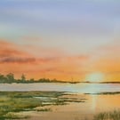 Original Watercolour Landscape .Warm Sunset . 15x11 inches, Unframed