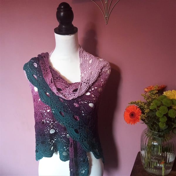 Lace Virus Pattern Evening Shawl in Pink, Purple, Teal, and Navy