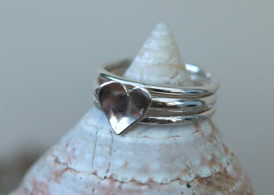 Trio of Silver Stacking Rings with Domed Heart. Valentine's gift.