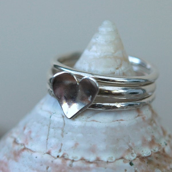 Trio of Silver Stacking Rings with Domed Heart. Valentine's gift.