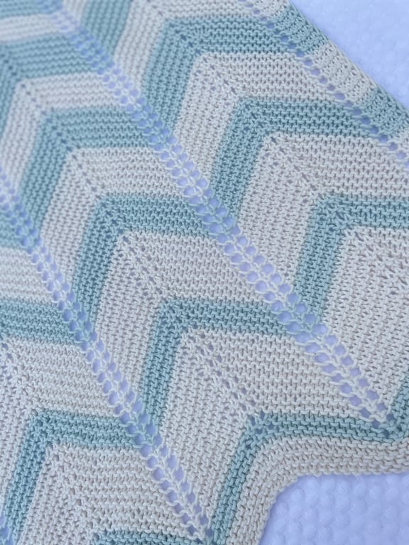 Pale blue green and off white striped baby blanket in cotton yarn 