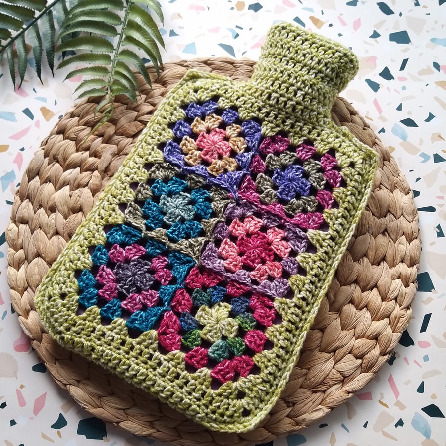  Crochet Hot Water Bottle Cover 'Happy Scrappy' Granny Square