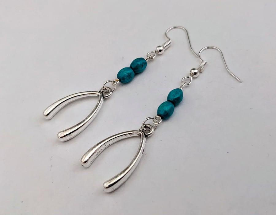 Silver wishbone earrings with turquoise wooden beads
