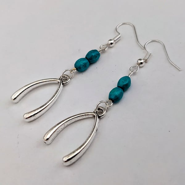 Silver wishbone earrings with turquoise wooden beads