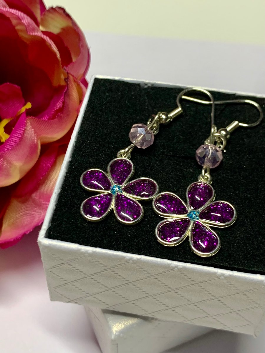 Purple Resin Flower Earrings with Crystal