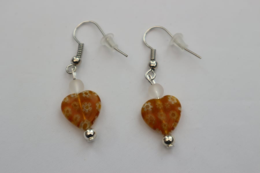 Silver plated beaded earrings- yellow millefiori heart