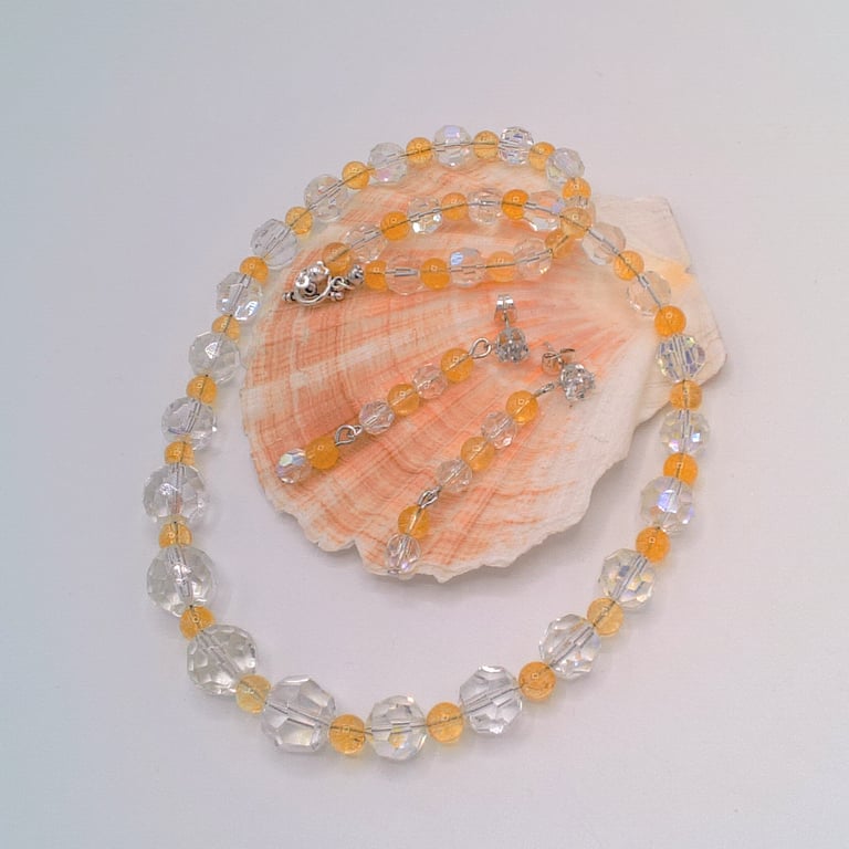 Citrine & Vintage Crystal Beaded Necklace & Earrings, Gift for Her, Mother's Day