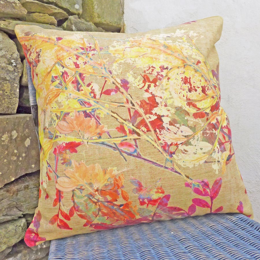 Yellow floral Chenille and Linen Cushion