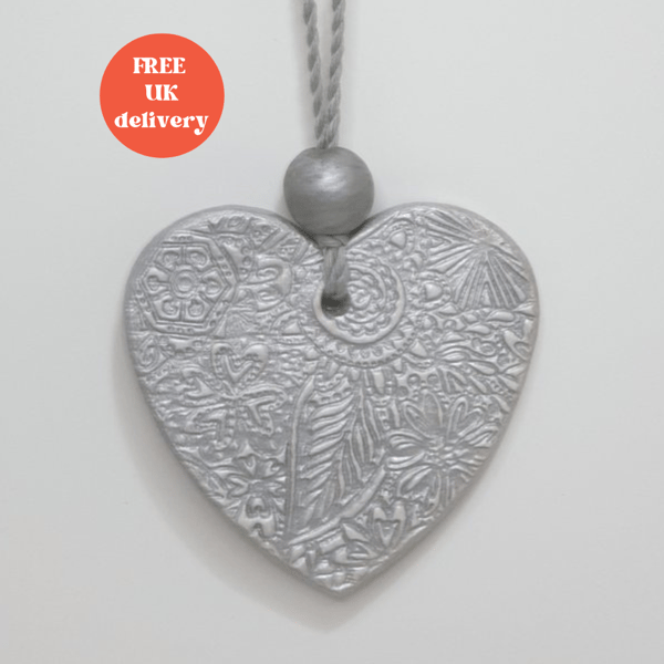 Silver heart hanging decoration, clay heart, 25th anniversary gift idea