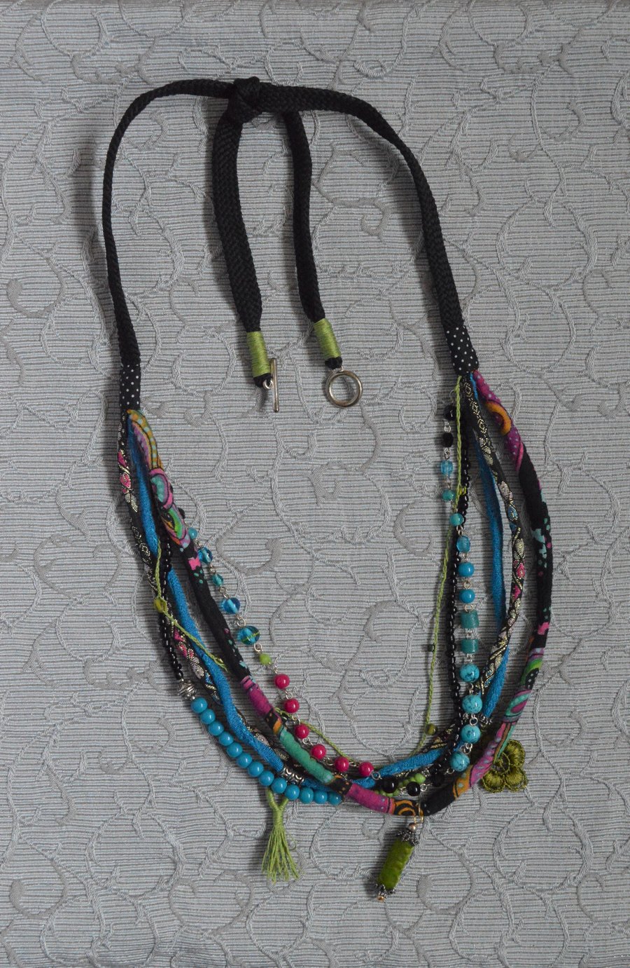 Multi Strand Adjustable Fabric and Bead Necklace