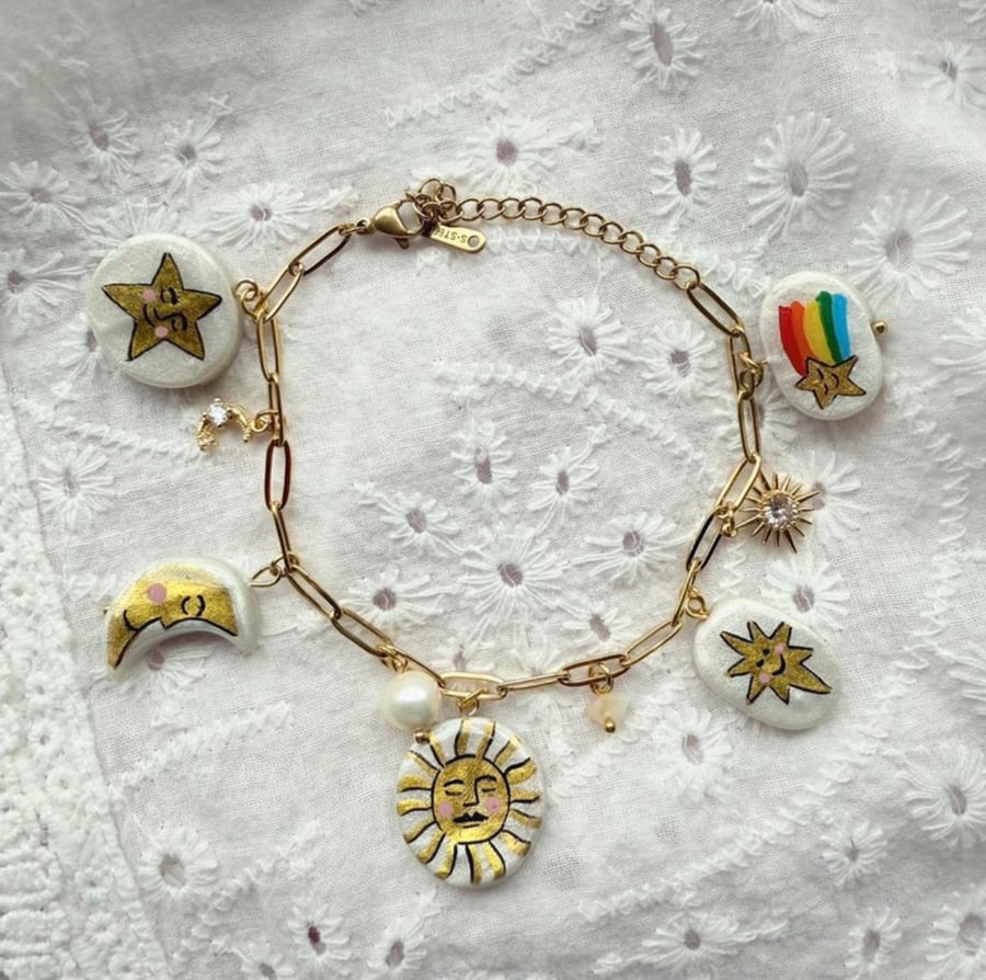 Celestial Charm Paperclip Bracelet – Hand painted Charms