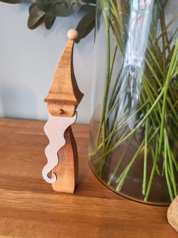 Tall Handmade Wooden Gnome with Long Beard