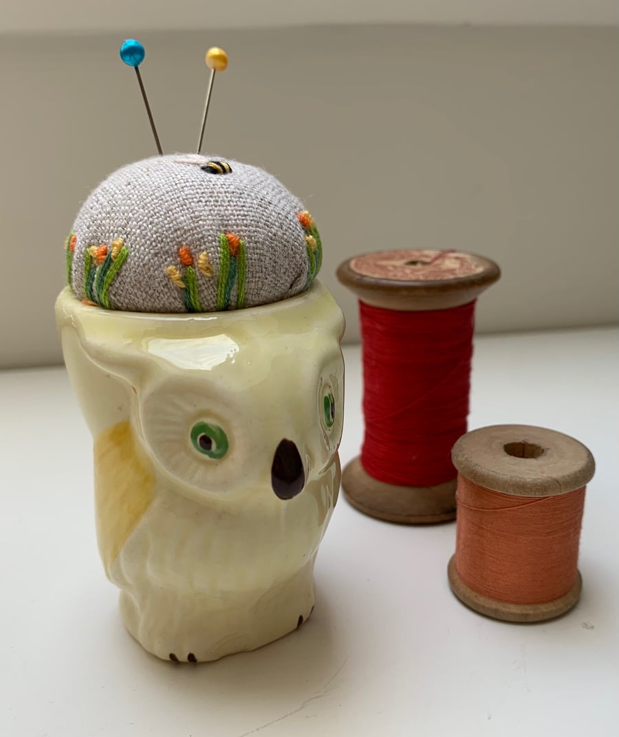 Vintage owl egg cup pincushion
