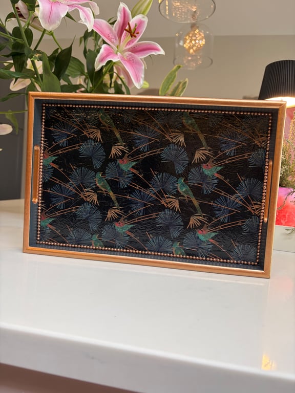 Dark Grey and Bronze botanical birds tray 