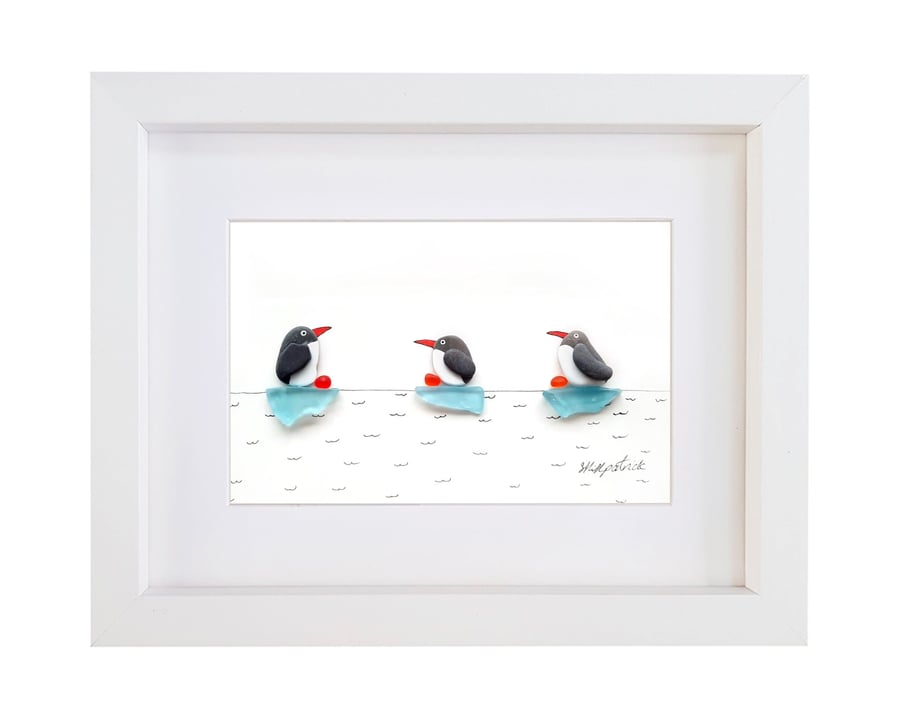Penguin Art - Pebble & Sea Glass Picture - Handmade Framed - Folksy