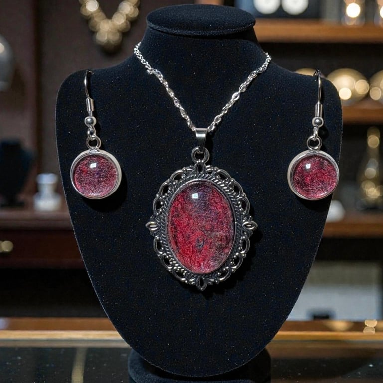 Jewellery set, necklace and earrings,red felt & silk fibres under glass cabochon