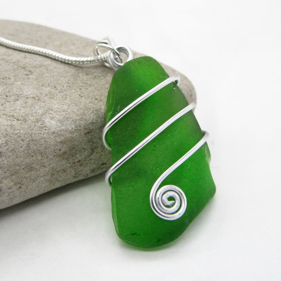 Sea Glass Pendant - Emerald Green Scottish Silver Wire Wrapped Celtic Jewellery