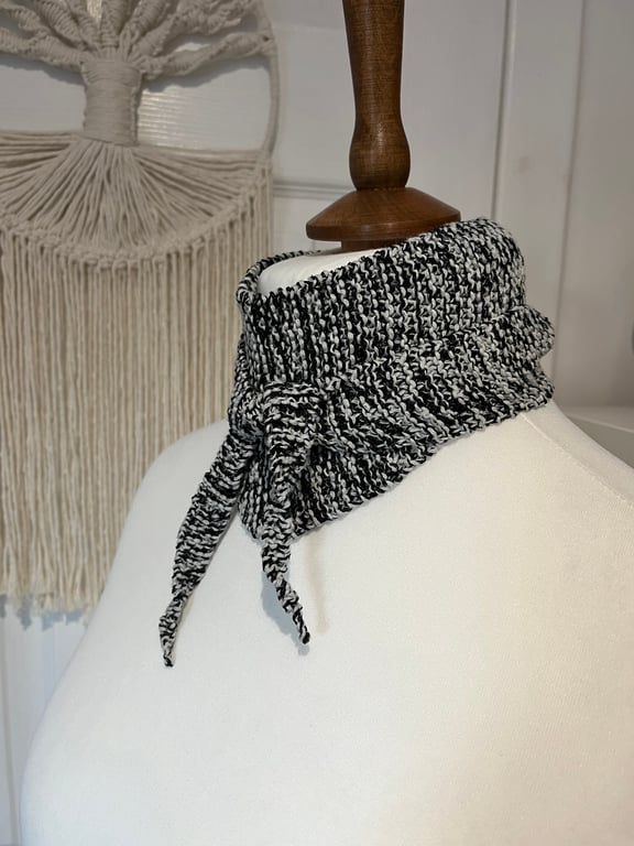 Cotton mix Neckerchief small scarf Handknitted Black and white 95cms long
