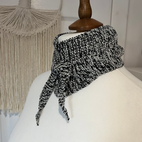 Cotton mix Neckerchief small scarf Handknitted Black and white 95cms long