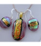 Dichroic Glass Pendant Earring Set 059 Red Copper Stripe with gold plated chain - Image 5