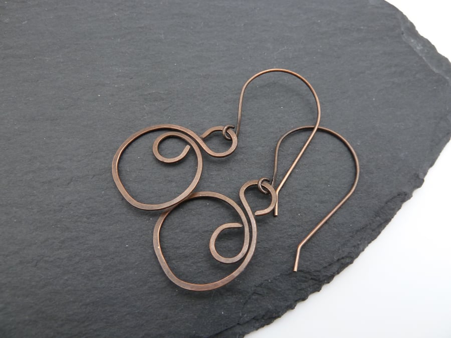 copper swirl earrings, dangly jewellery