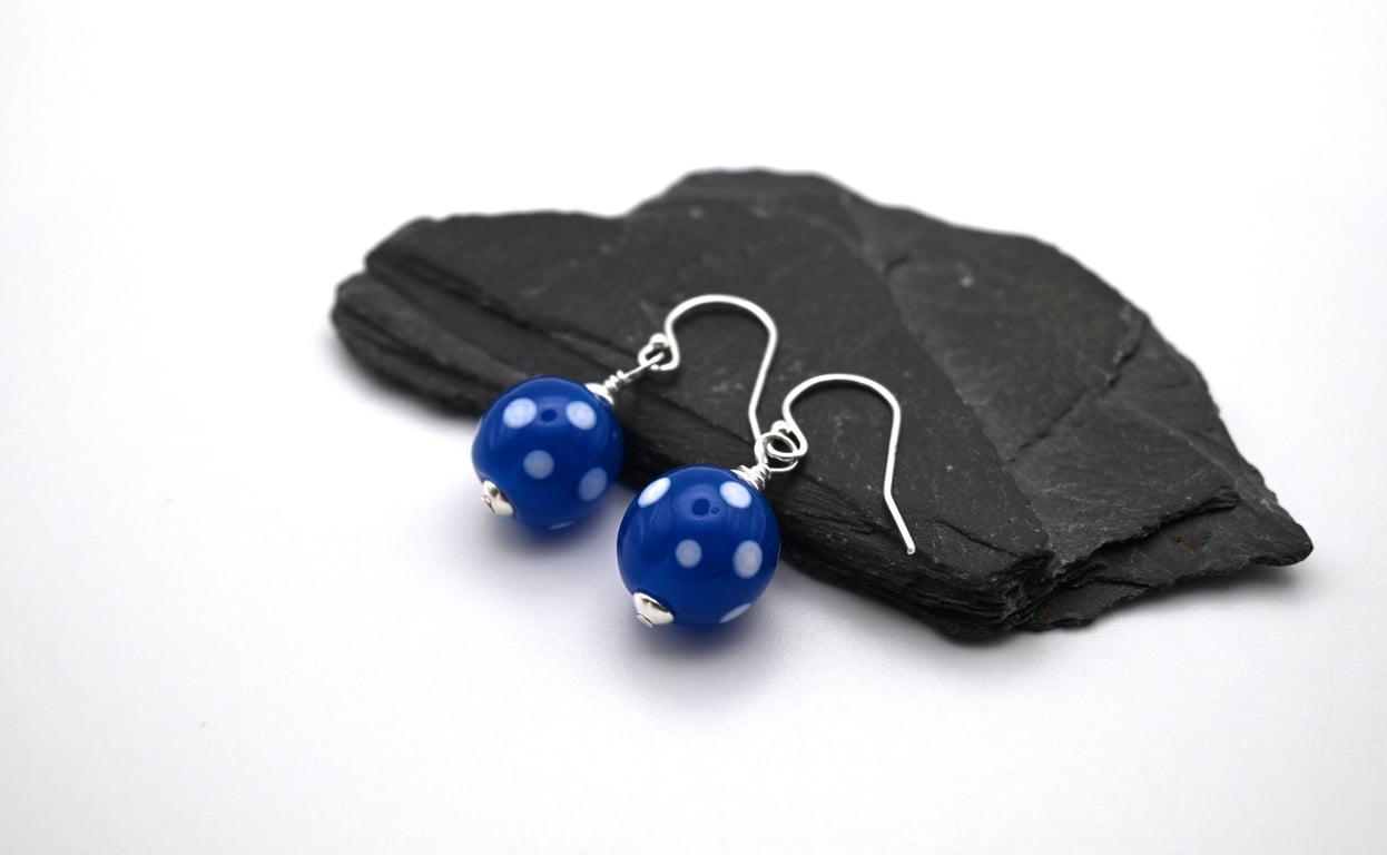 blue polka dot glass earrings