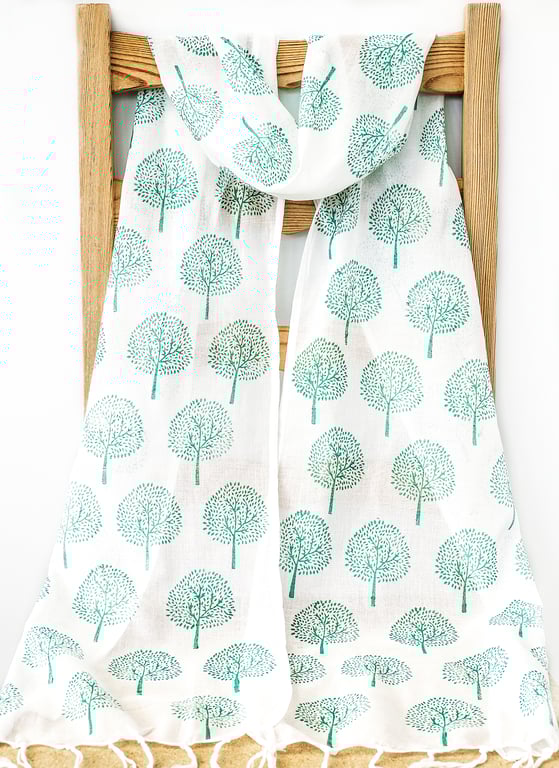 Handprinted Organic Cotton Trees Long Scarf Tassles White and Green            