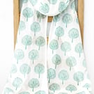 Handprinted Organic Cotton Trees Long Scarf Tassles White and Green            