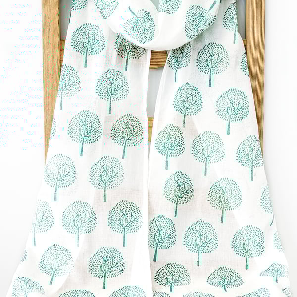 Handprinted Organic Cotton Trees Long Scarf Tassles White and Green            