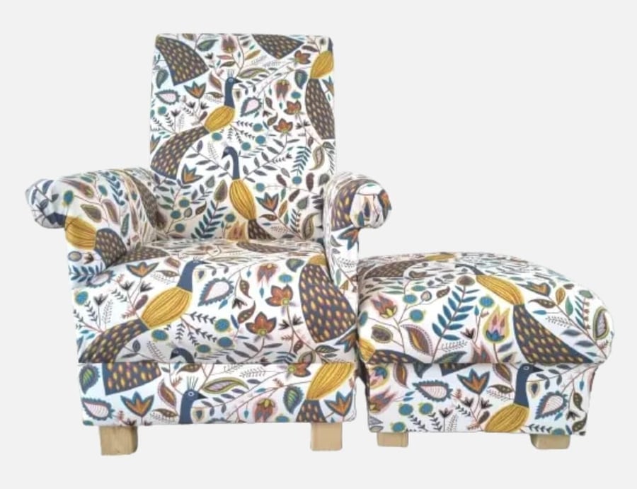 Mustard Peacocks Armchair & Footstool Adult Chair Pouffe Fryetts Fabric Accent