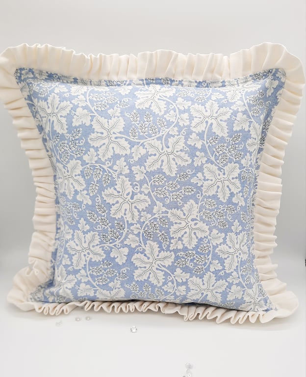 Blue and white, country cottage style, frilly cushion cover,  envelope backed,  