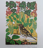 'Sharing our redcurrants with the Song Thrush' - linoprint - Image 2