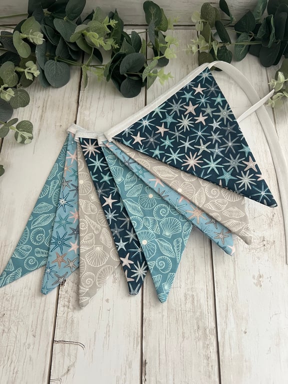 Handmade Fabric Bunting 8 Flags in Coastal Shells & Starfish Design